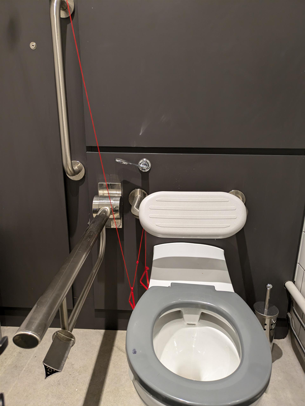 Image of toilet seat, the red cord is wrapped around the toilet seat.