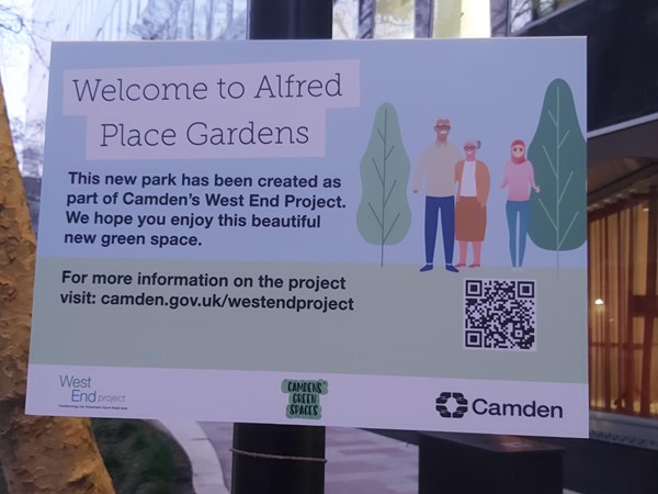 Sign saying "Welcome to Alfred Place Gardens"