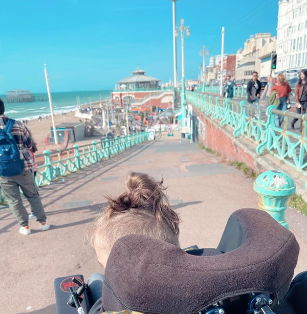 Wide wheelchair accessible ramp down to the lower beach with lots of restaurants and bars and viewing platform for the sea. 
Brighton Pier is fully accessible also