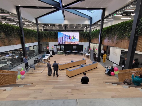 Image of the presentation area from the top of the main seating area.