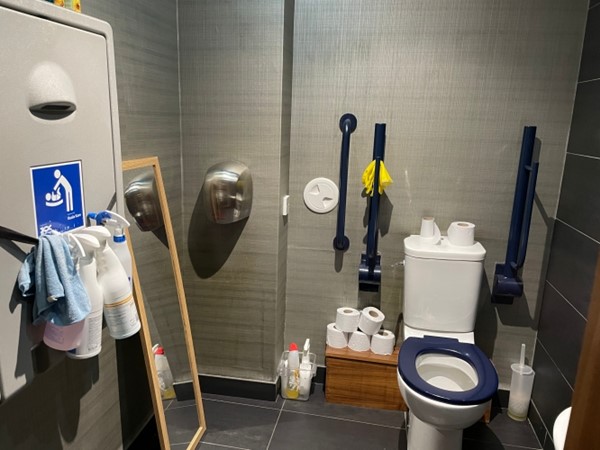 Image of a cluttered accessible toilet