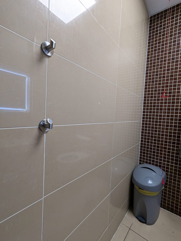 Coathooks and bins in the accessible toilet