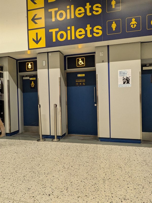 Image of the entrance to the accessible toilets. A blue door with a wheelchair user symbol above