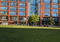 Image of a grassy area, the building at the back features a Popeyes and Ask Italian restaurant